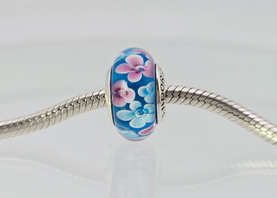 Authentic Pandora Silver  blue flowers garden Charm