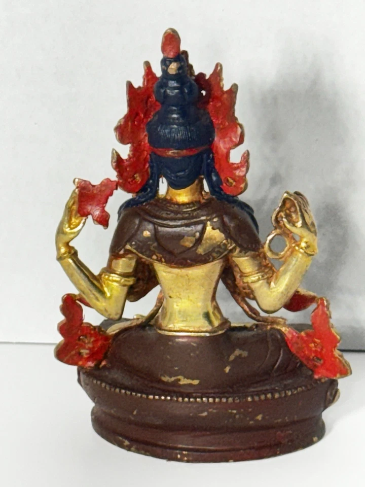 Chenrezig Avalokiteshvara Buda de cobre hecho a mano Kharcheri placa de oro 5,5” de alto Foto 4 de 4
