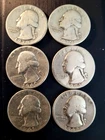 Lot of 6 U.S. Silver Washington Quarters – 90% Silver – Pre - 1965 - $1.50 FV