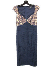 TADASHI Navy Blue RUCHED TIERED Silk Chiffon BEADED/SEQUIN Zip COCKTAIL DRESS 4