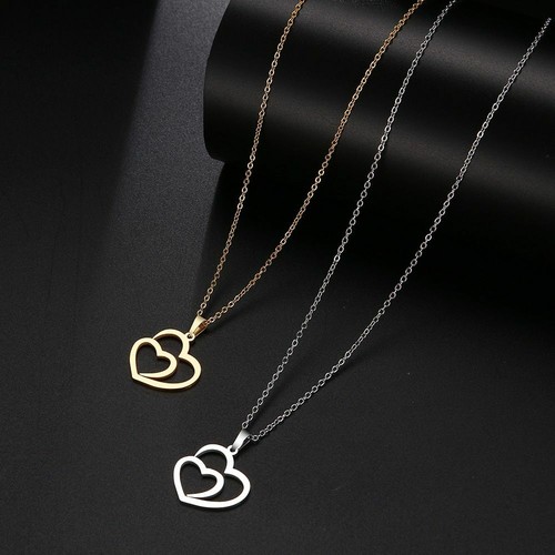 Collana doppio cuore cavo acciaio inox 45 cm bigiotteria moda donna NUOVA - Foto 9 di 15