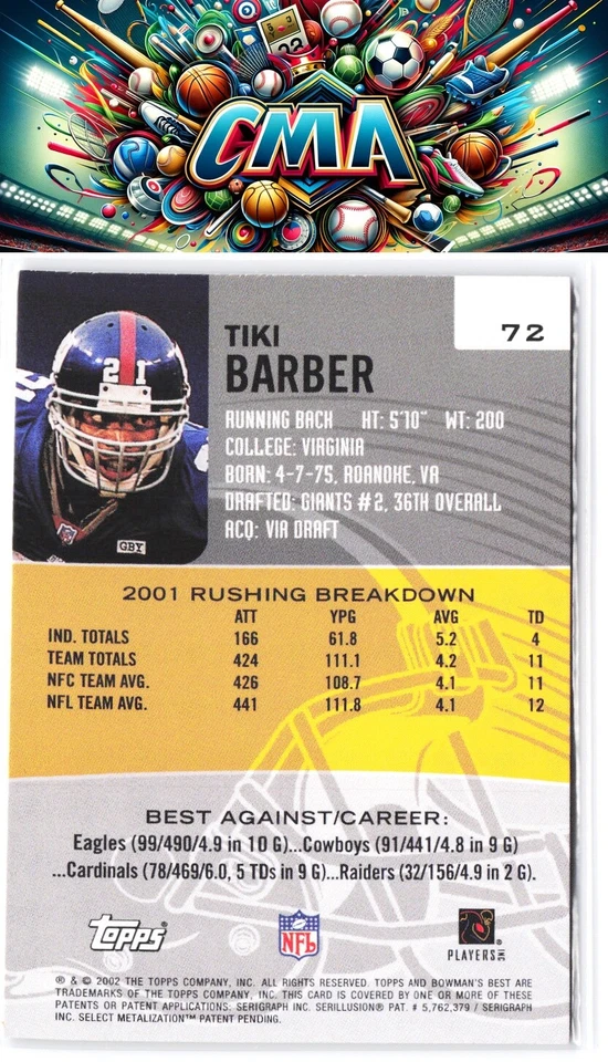 2002 Bowman's Best #72 Tiki Barber - Image 2 of 2