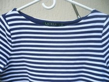 VTG RALPH LAUREN WOMEN RIBBED NAUTICAL L M NAVY BLUE WHITE STRIPED TOP SS BLOUSE