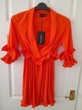 Pretty Little Thing  Bright Orange Frill  Details Pleated Skater Dress Size  4