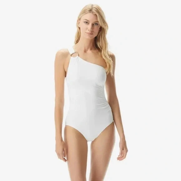 Michael Kors Embellished One Shoulder Underwire One Piece Swimsuit 6 White
