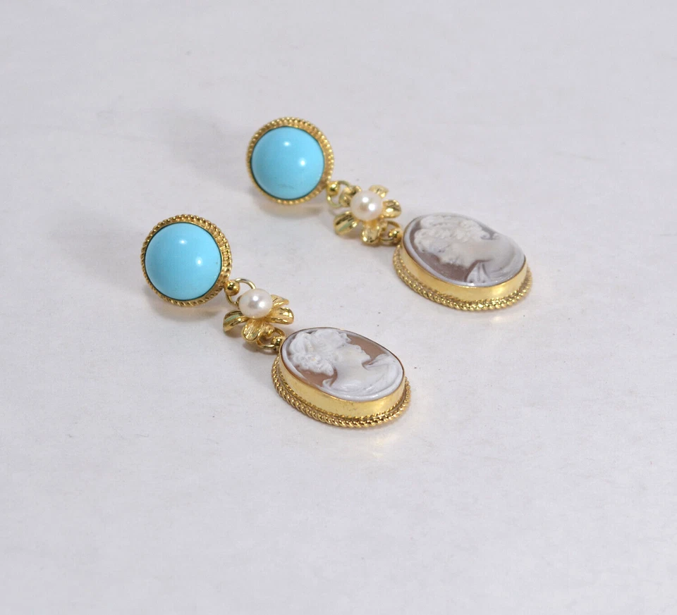 ORECCHINI ARGENTO 925 DORATO CAMMEI SARDONICO P.TURCHESE E PERLE AGHT 0877 - Immagine 2 di 3