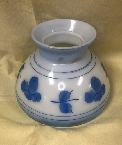 Vintage Milk Glass Oil Lamp Hurricane Shade with Blue Flower Design 8" Fitter