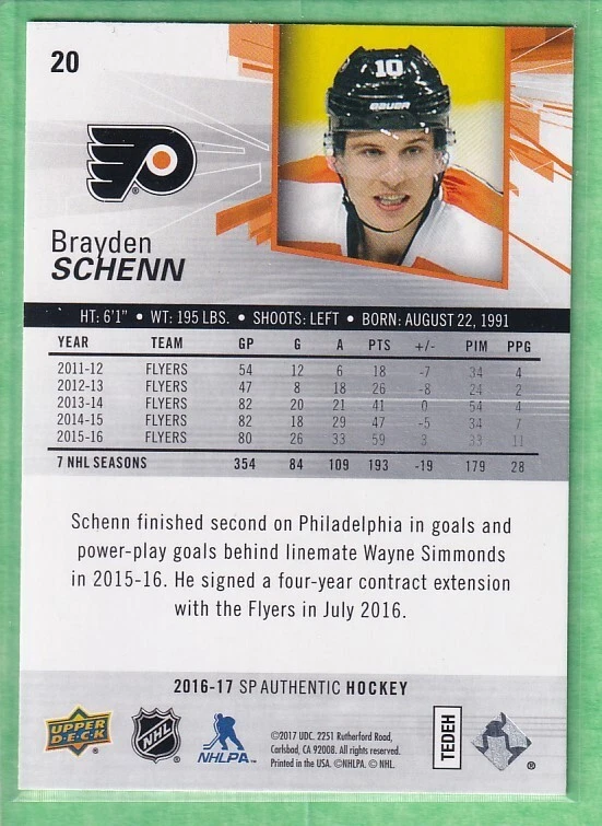 2016-17 SP Authentic #20 Brayden Schenn Philadelphia Flyers - Image 2 of 2