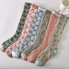 2 Pairs Women's Knee-High Socks - Floral  Plain Cotton Crew Size 6-9 