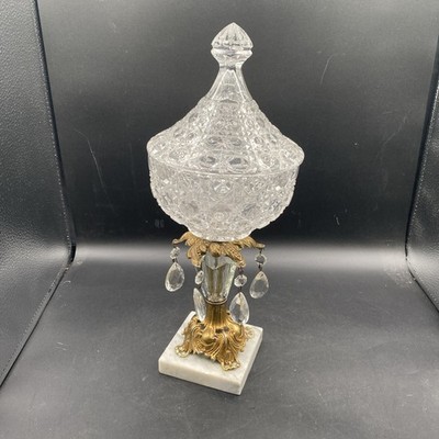 Vintage Crystal & Brass Candy Dish * Fine Marble Base Lid Missing Two Ear Drops