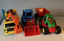 Bundle Of 3 Vintage 1990s Toy Vehicles Tractor Trailer Digger Gowi Plasto, Used