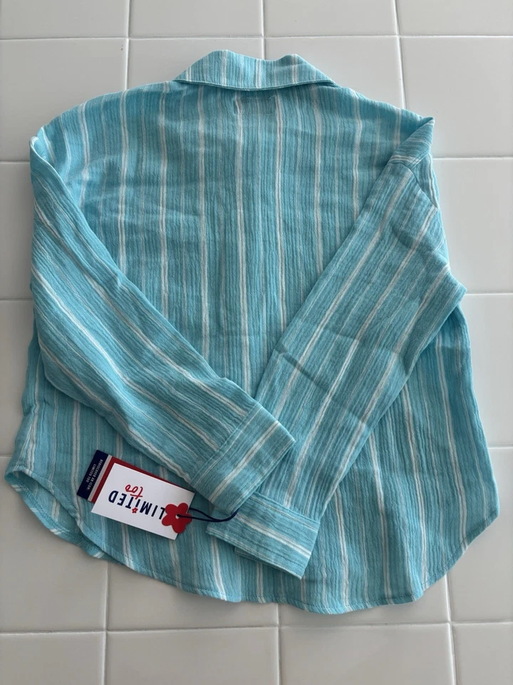 Top- Girls M (10) LIMITED TOO Button Front Long Sleeve Top Aqua Stripe New W/Tag - Image 4 of 4