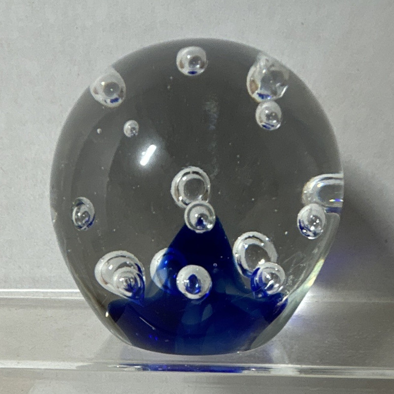 Clear & Blue Art Glass Bubble Paperweight, Clear Blue Glass Paperweight