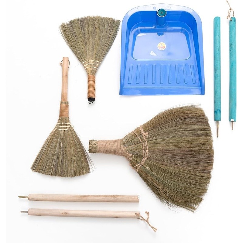 Handmade Natural Grass Broom Set W/ Dustpan Indoor Outdoor Family Cleaning New