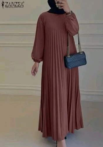 Zanzea Women's Long Sleeve Muslim Casual Pleated Abaya Long Dress Kaftan Size L