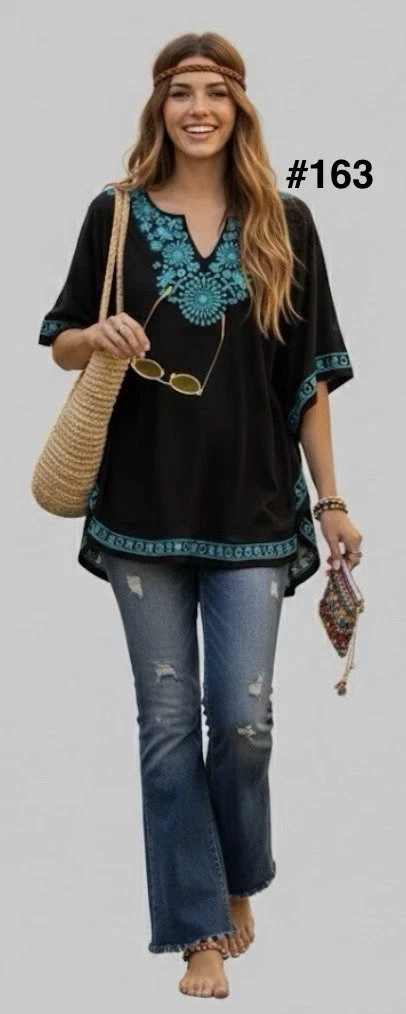 Poncho Kimono Embroidered Blouse top Small dolman sleeve black turquoise NWOT