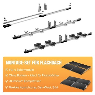 Flachdach Solar halter Komplettset | für 4 Module Aufständerung Süd/Ost-West 