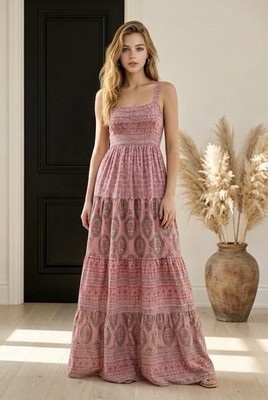 Knox Rose Women s Pink Paisley Maxi Sundress S Sleeveless Square Neck Smocked