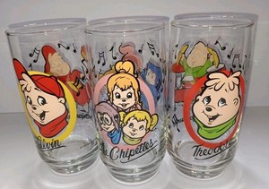 Vintage Set of 3 Hardee's 1985 Alvin and The Chipmunks 16 oz Drinking Glasses