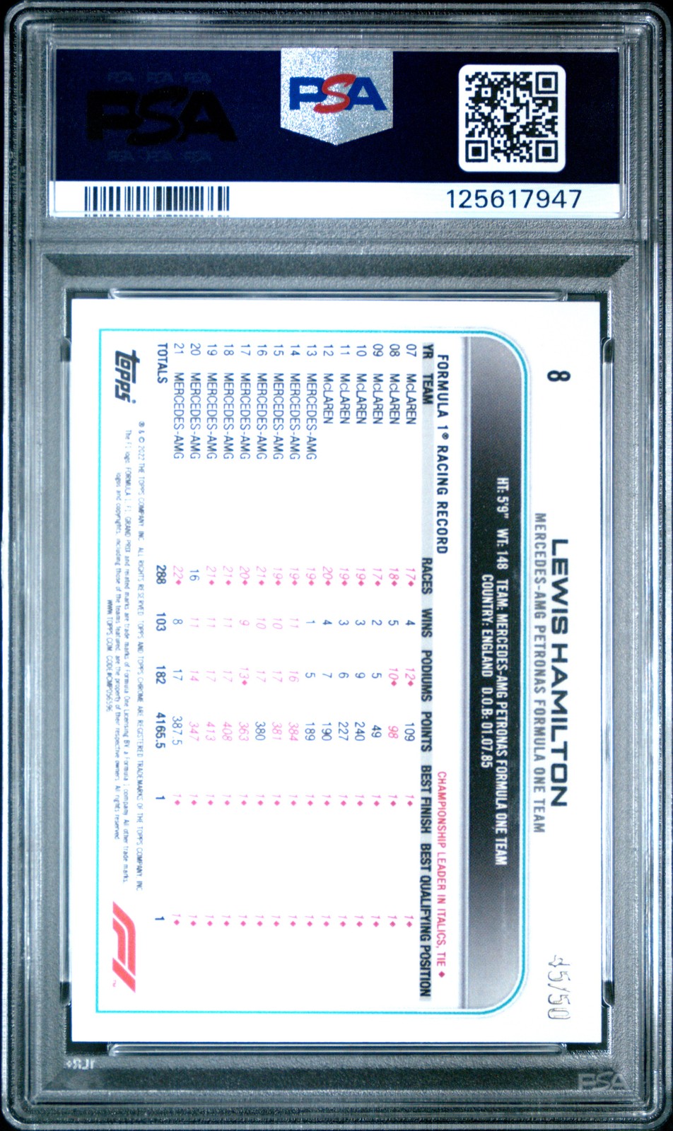 2022 TOPPS CHROME FORMULA 1 GOLD WAVE REFRACTOR #8 LEWIS HAMILTON 45/50 PSA 9 view 2