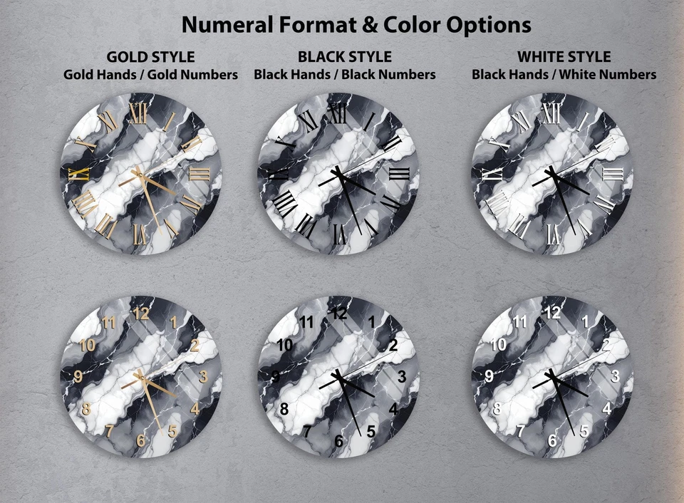 Reloj de pared de vidrio templado de mármol negro y dorado arte de pared gris - glamour moderno  Foto 3 de 4