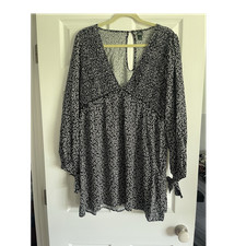 Wild Fable Floral Short Mini Dress XL Black White V-Neck Tie Long Sleeve