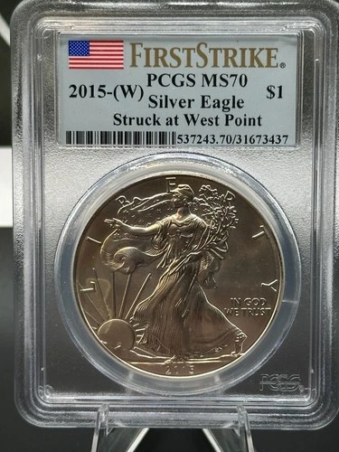 2015-(W) Silver Eagle PCGS MS70 American Flag First Strike Label West Point .999