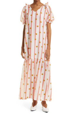 LISOU Stripe Ruffle Cotton & Silk Maxi Dress In Red Yellow Falling Flower Sz 6