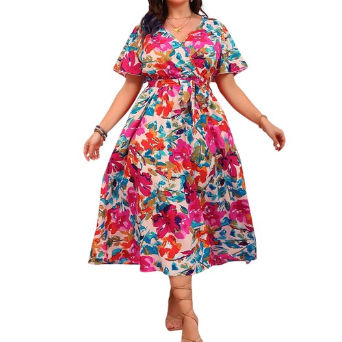 Plus Size Women's Floral V-Neck Holiday Beach Sundress Bohemian Party Midi Dress - Picture 13 of 17