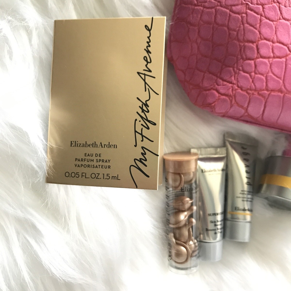 Elizabeth Arden NEW 8 Pc GWP Pink Faux Crocodile Leather Cosmetic