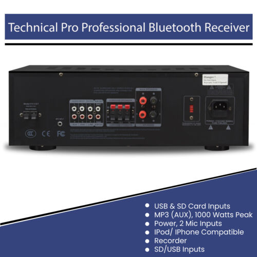 Technical Pro 1000W Bluetooth Receiver mit USB/SD-Karte, 2 Mikrofoneingänge, Recorder - Bild 4 von 7