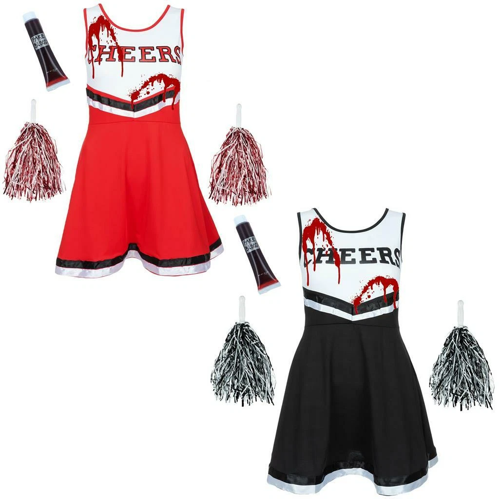 GIRLS ZOMBIE CHEERLEADER OUTFIT BLOOD HALLOWEEN KIDS HIGH SCHOOL FANCY DRESS