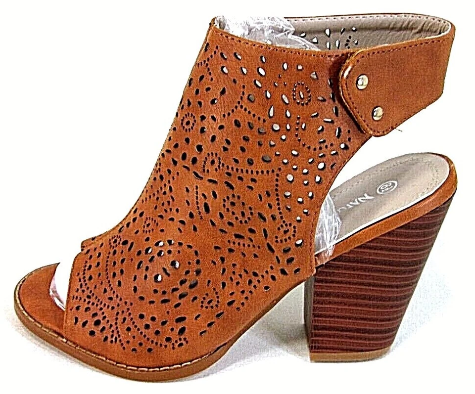 Nature Breeze Womens Laser Cut Open Toe Heels Tan Pu, US Size 8.5 M - Image 2 of 4