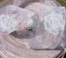 5 Yards Pastel Pink Wedding White Iridescent Roses Sheer Wired Ribbon 2 1/2"W