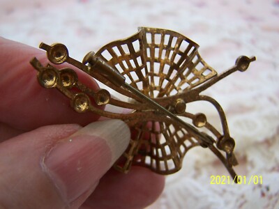 Broche Vintage Papillon Années 40 En Laiton Et Perles - Pièce De Collection N°66