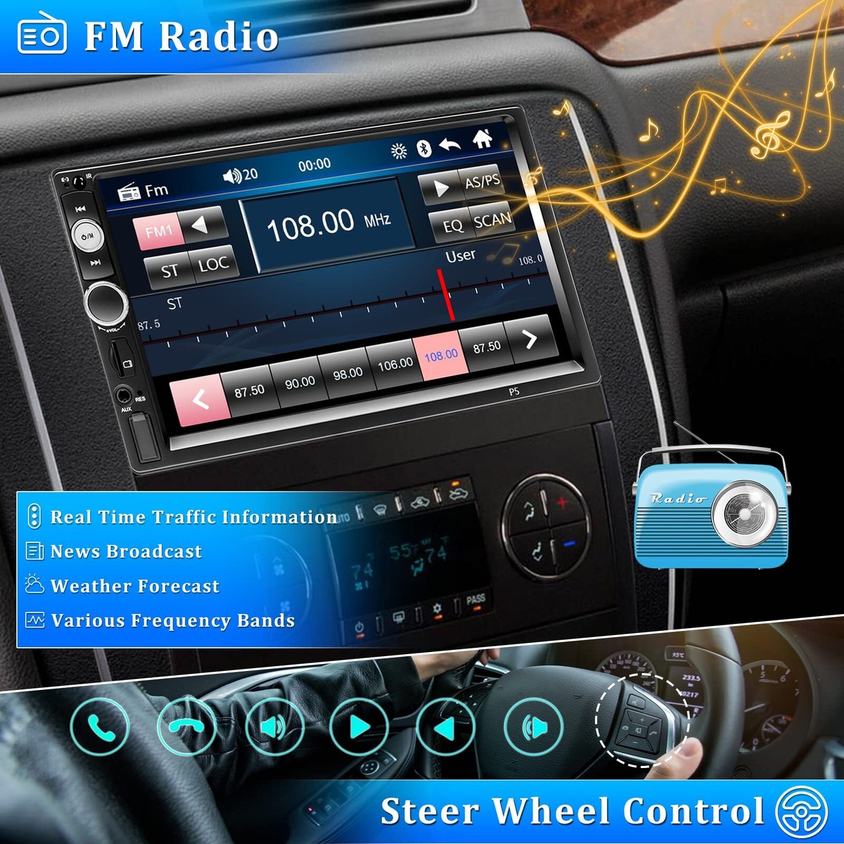 CAMECHO 1 Din Autoradio Mit 2,17 Zoll Touchscreen – Bluetooth, FM-Radio, USB, AUX, RGB-Beleuchtung