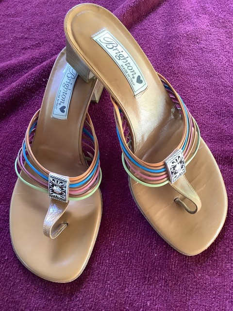 Brighton Made In Italy Block Heel Thong Sandals Kendal Tan/multicolor 8M | eBay