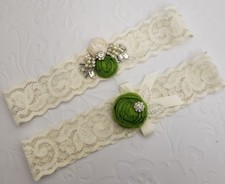 BRIDAL Wedding Garter Set, Lace HANDMADE Green Apple Rosettes Rhinestones Pearl