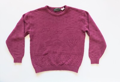 Northern Reflections Knit Sweater Barn Scene Maroon Red Womens Sz Medium Vintage