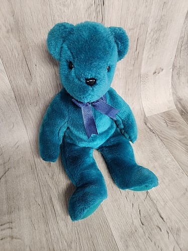 TY Beanie Buddy Bear - Teal 14" Stuffed Animal Toy with Bow - Picture 2 of 7