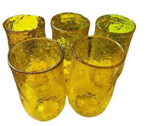 Blenko Crackle Dimple Tumblers Drink Glass Set of 5 Yellow Rare