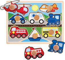 Melissa Doug Vehicle Jumbo Knob Puzzle, Wooden Peg Puzzle for Toddlers, Educat