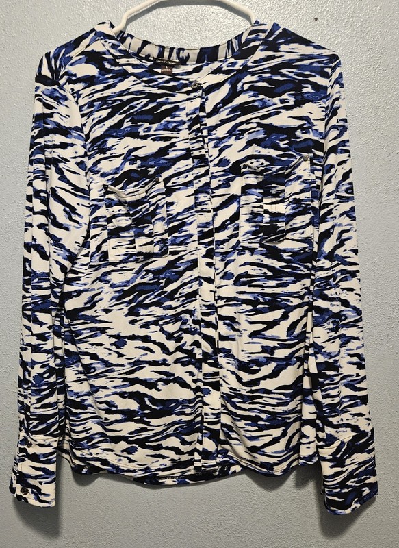 Dana Buchman Women Tie Dye Long Sleeve Soft Button-Up Shirt White & Blue Size L
