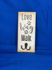 Wooden Dog Leash Holder - 'Love, Wag, Walk' - Pet Decor with Hook
