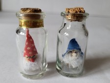 2 x Vintage Miniature Gonk / Gnome / Clown In Mini Tiny Glass 2" Jars / Bottles