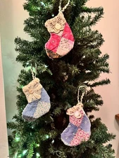Handmade Mini Stocking Vintage Quilt Ornaments Multi Color Blue Pink Set 3