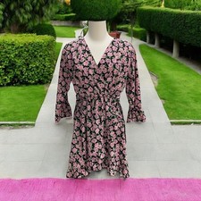 Boohoo Floral Mini Dress V-Neck Puff Sleeves Tie Waist Black Women's Short SizeS