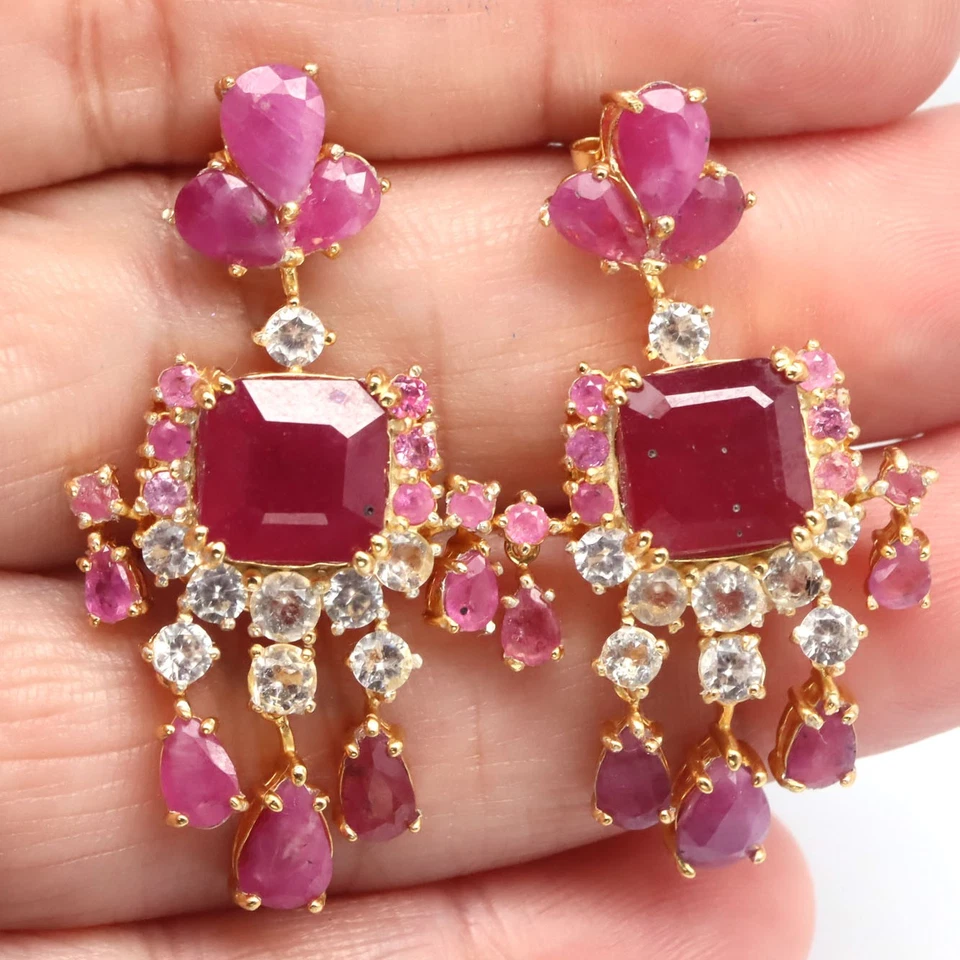 925 Sterling Silver Red Ruby & White Zircon Made in Thailand Earrings - Image 2 of 3