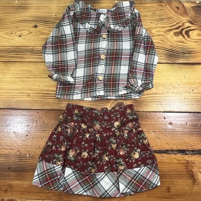 Girls 90 s Vintage Clothes Outfit Plaid & Flowers Skirt & Button Down Shirt 4T