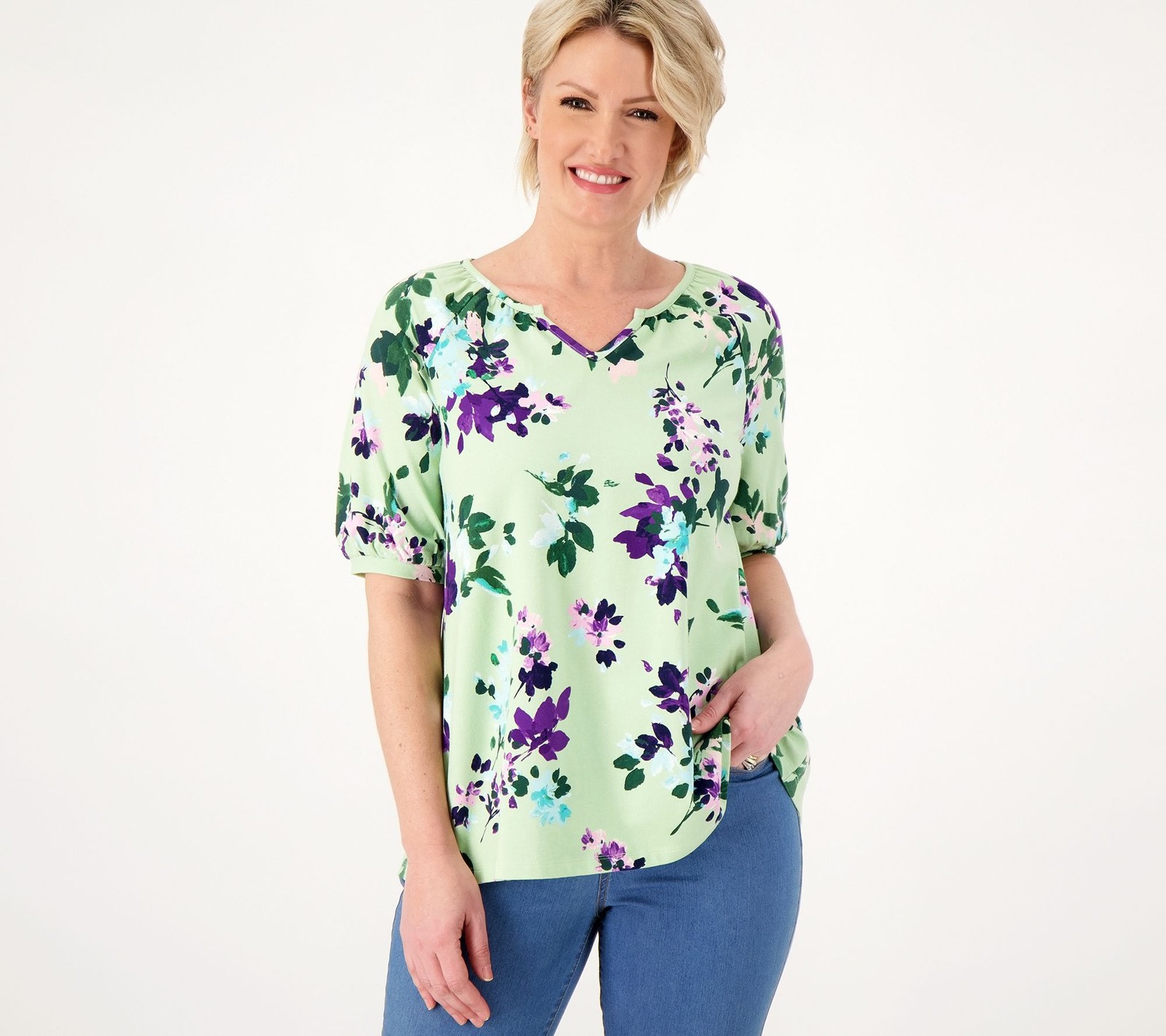 Denim & Co. Women's Top Sz 2XS (XXS) Printed Favorite Jersey Split White A596270